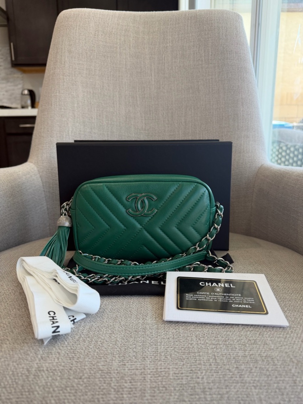 CHANEL Emerald Green Quilted Chevron Leather Crossbody Camera Bag with Tassel
